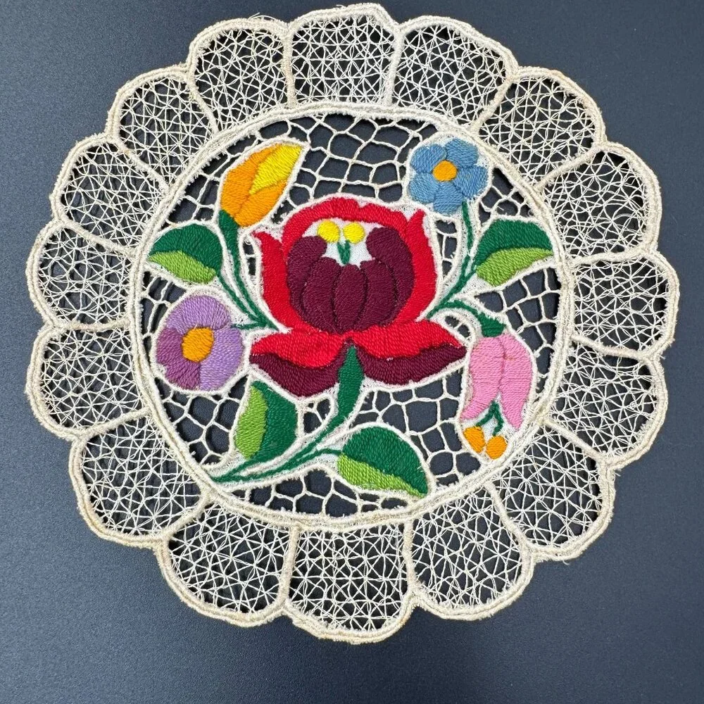Kalocsa Hungarian Hand Embroidered Doily With Kalocsai Floral Lace Design - Picture 1 of 7